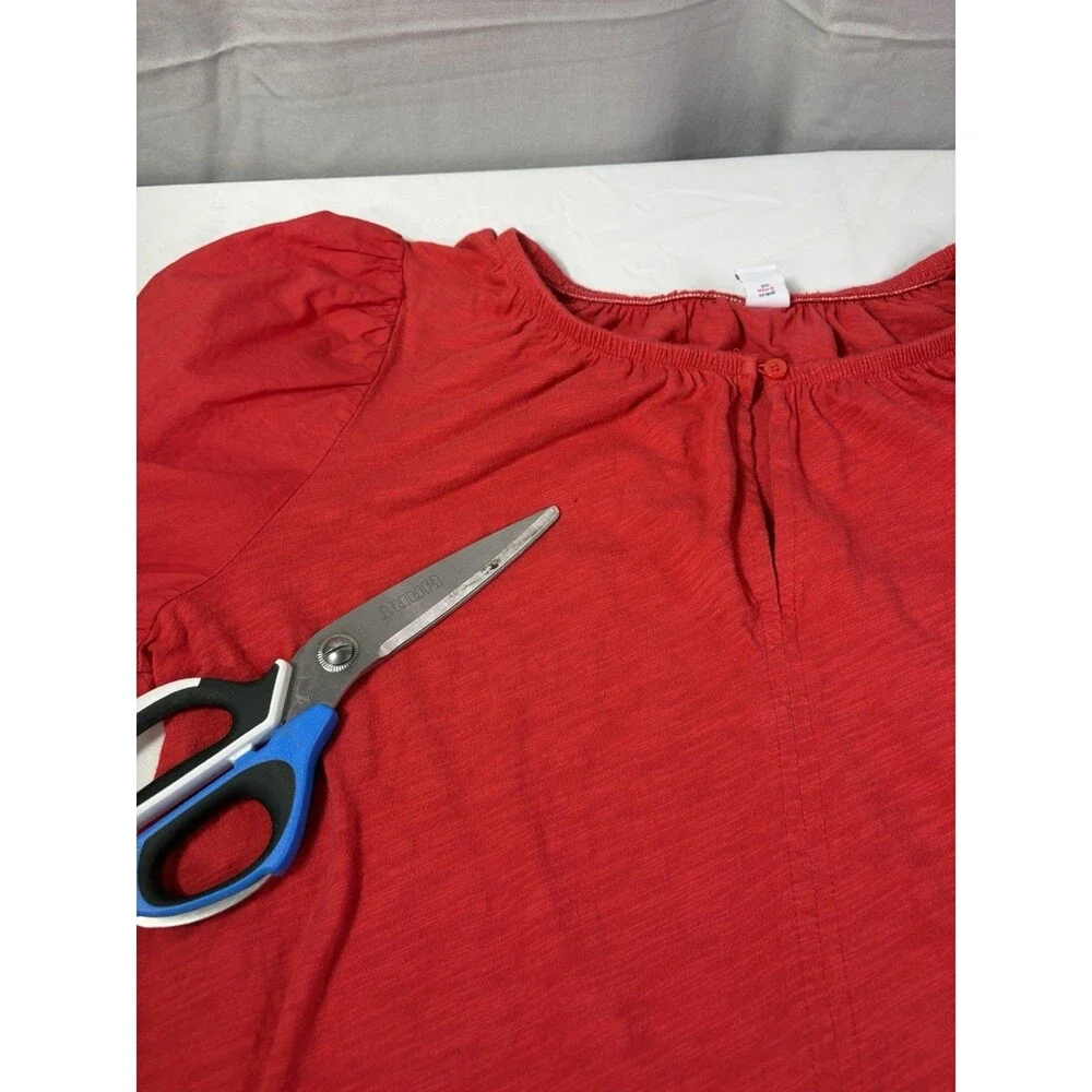 Old Navy Womens Large Red Cotton Slub Puff Sleeve Keyhole Blouse Top